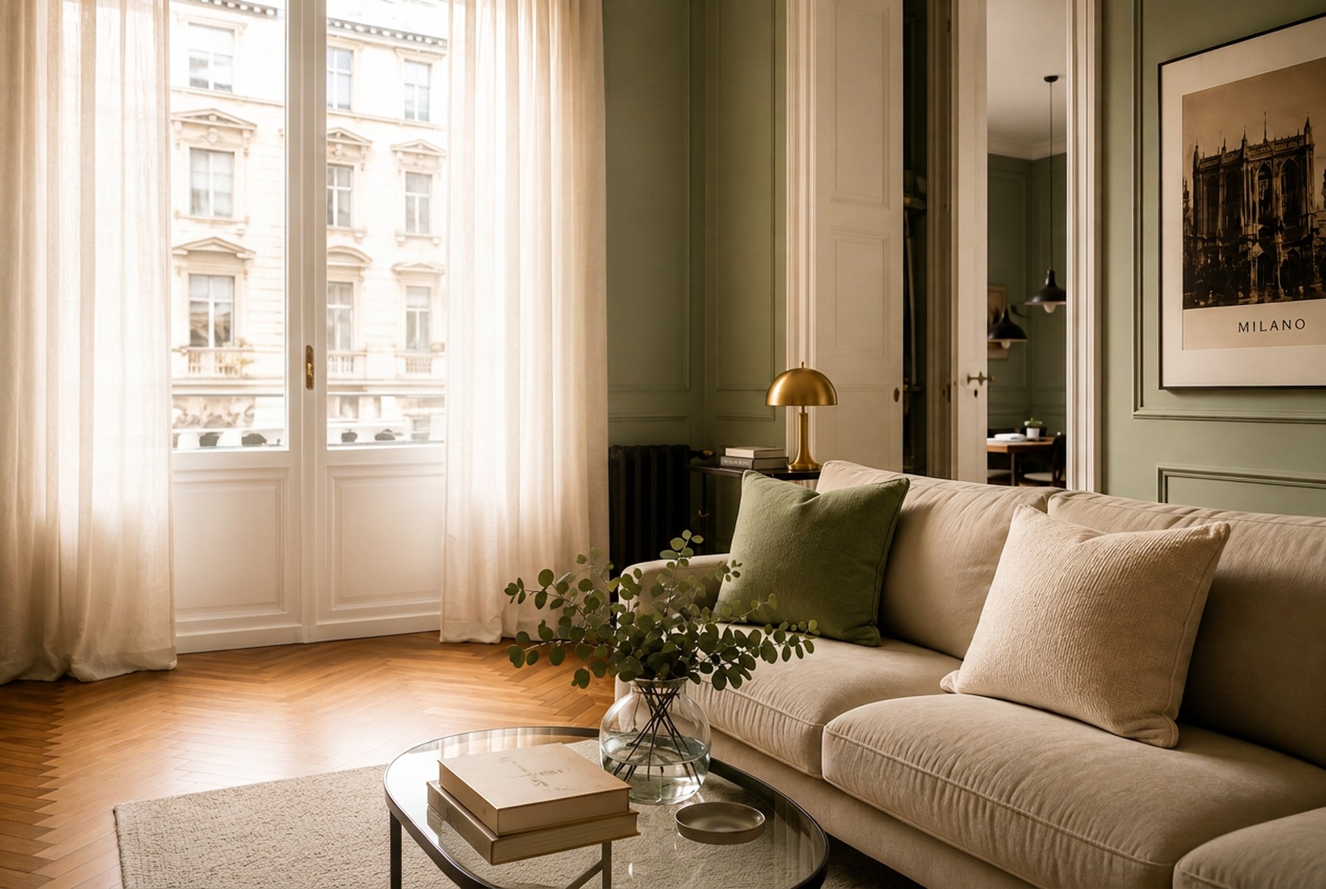 Salotto milanese curato con parquet a spina di pesce, divano beige e pareti verde salvia